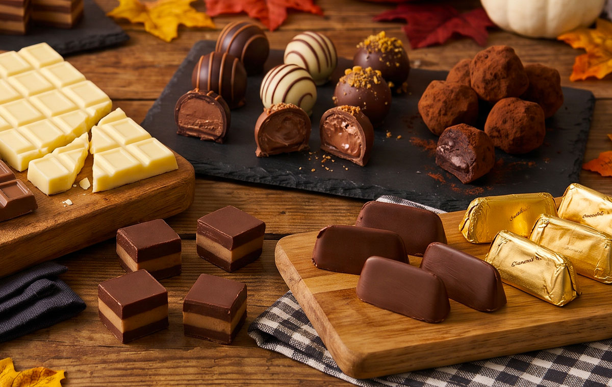 Tavola con tavolette di cioccolato, praline, cremini e gianduiotti
